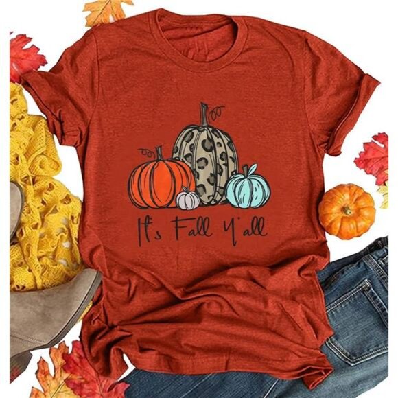 Graphic Shirt for Women - Thanksgiving Pumpkin Splicing Sleeve Fall Top - Picture 1 of 6